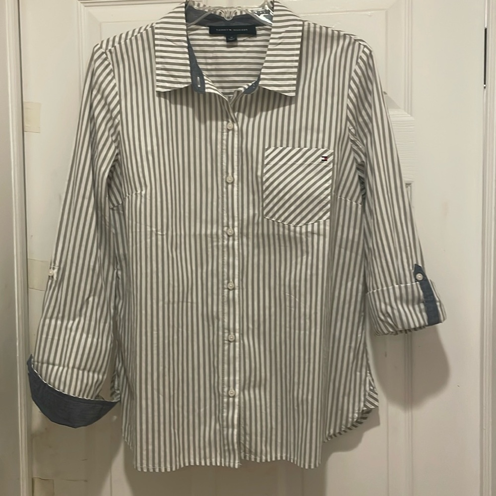 EXCLUSIVE TOMMY HILFIGER Sz M Women's Striped Roll-tab Sleeve Button down Shirt